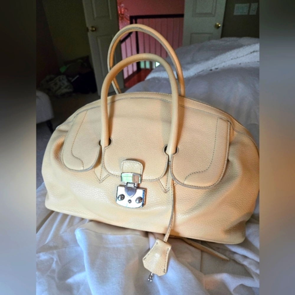 Butter Yellow Top Handle Italian Leather Handbag With Suede Leather Lining
